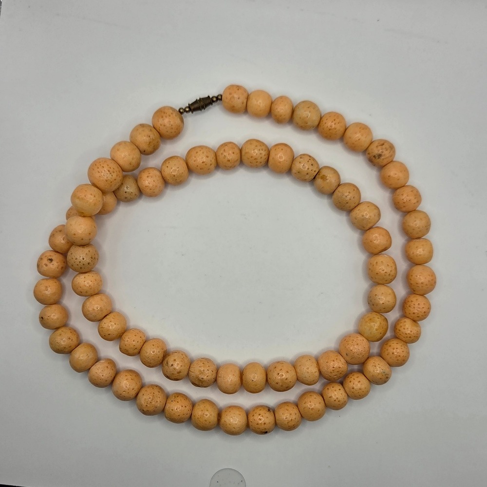Vintage Peach Sponge Coral Bead Necklace 32"  Round Beads Long Strand